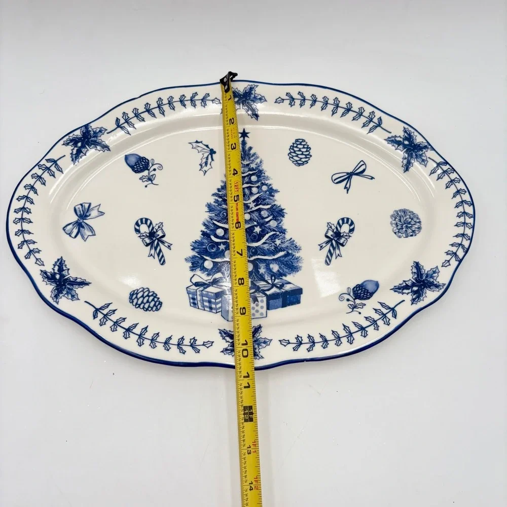 Potters Studio Blue White Christmas Tree Serving Platter Holiday Serving Dish